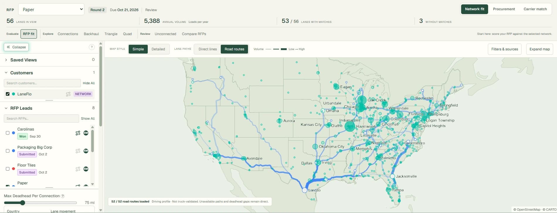 Actual LaneFlo analysis showing blue RFP road routes alongside the existing customer network in light mode